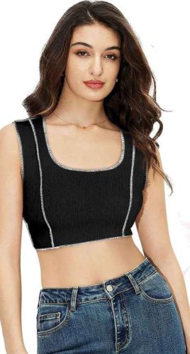 Ladies Black Rib Cotton Sleeveless Crop Top