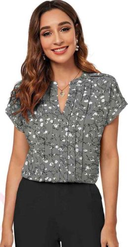 Ladies Grey Floral Print Ruby Blended Cotton Top with V-Neck