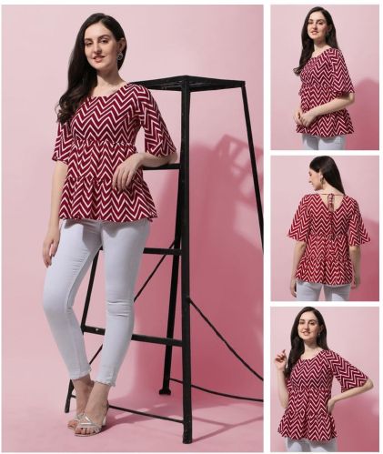Ladies Maroon & White Zig-Zag Print Peplum Top