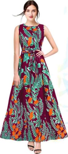 Ladies Maroon Floral Printed Banglory Satin Silk Long Gown