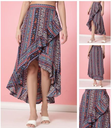 Ladies Multicolor Print Ruffle Hem Asymmetrical Skirt