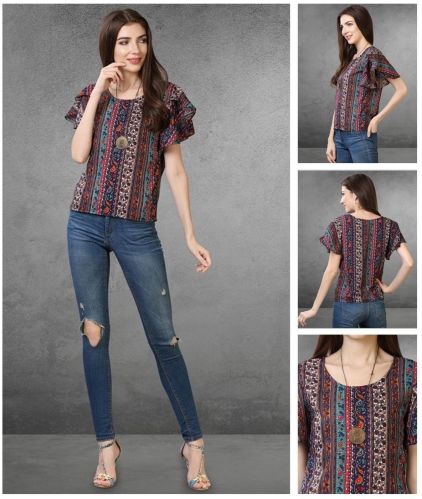 Ladies Multicolor Striped Print Ruffle Sleeve Top