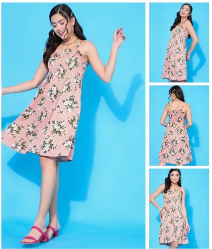 Ladies Pink Floral Print Smocked Bodice Flared Dress