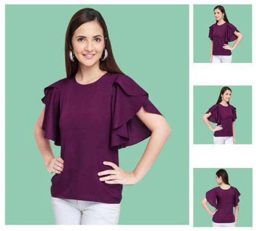 Lycra Ladies Plum Solid Ruffle Sleeve Top Casual, Everyday Wear