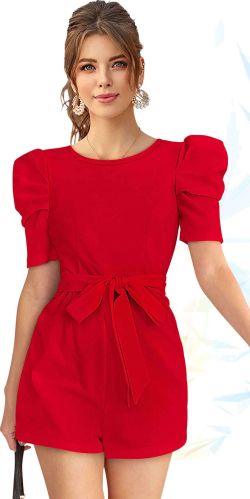 Ajanta Red Jumpsuit with Puffy Sleeves For Women