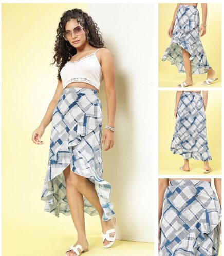 Ladies White & Blue Abstract Print Ruffle Hem Asymmetrical Skirt