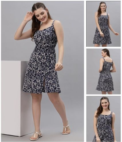 Navy Blue White Floral Print Spaghetti Strap Flared Dress
