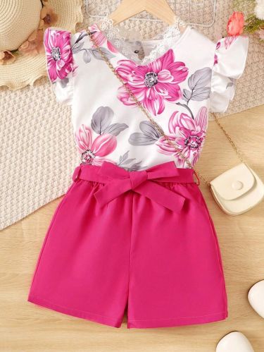 Girl Cotton Pink Floral Printed Top Bottom Set