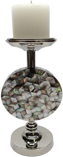 Elegant Gray Mother OF Pearl Metal Disc Pillar Candle Holder