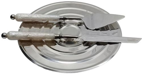 Elegant White Mother OF Pearl Metal Cake Knife Server Set with Stand