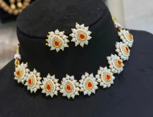 Metal Gold Plated Red Marble Choker Stone Necklace Set