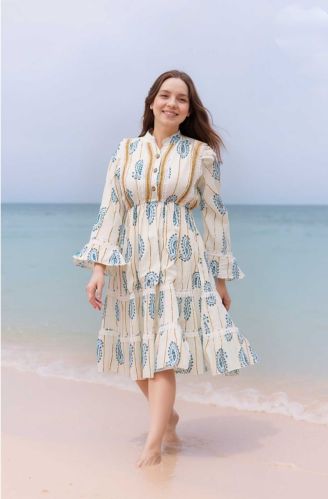 Crewneck Cotton Floral Short Dress Free Size, Length : 35 Inch