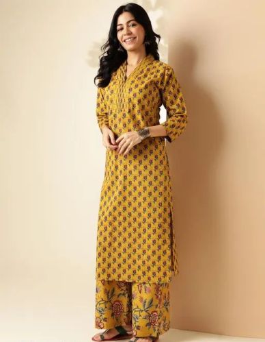V Neck Printed Cotton 2-piece Fancy Kurti Set Festival Wear