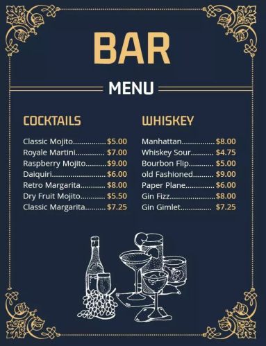 Plastic Laminated Or Card Stylish Bar Menus with Durable Finish