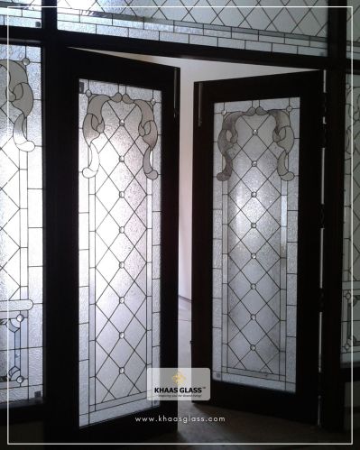 Black Stained Glass Panel Hinged Door, Frame Material : Wood