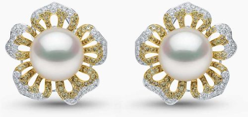 Sunrise Pearl & Diamond Floral Stud Earrings in 18K White Gold