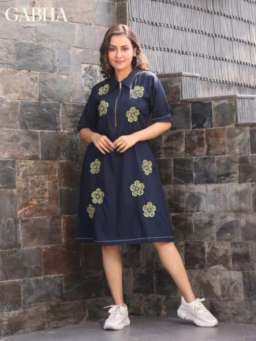 Denim Navy Blue Printed Women Dress Multi Sizes, Brand Name : Gabha