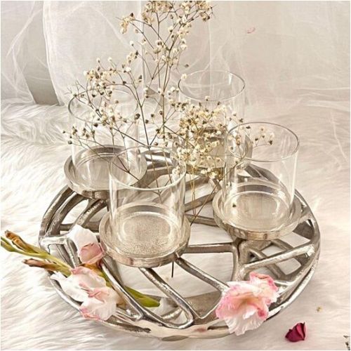 Aluminum Modern Silver Centerpiece with Glass Vases for Table Decor