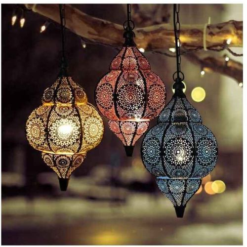 Ornate Filigree Moroccan Hanging Lanterns Set OF 3 Pcs