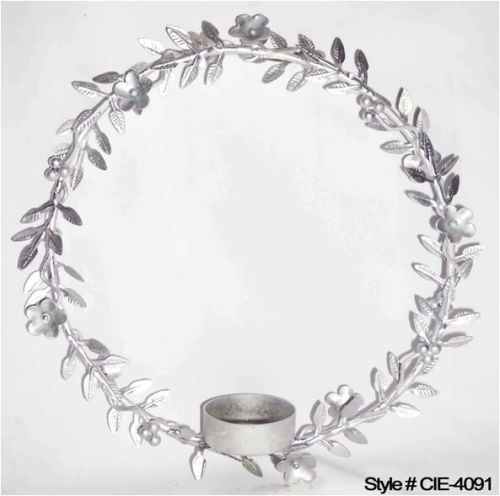 Iron Silver Floral Wreath with Taper Holder