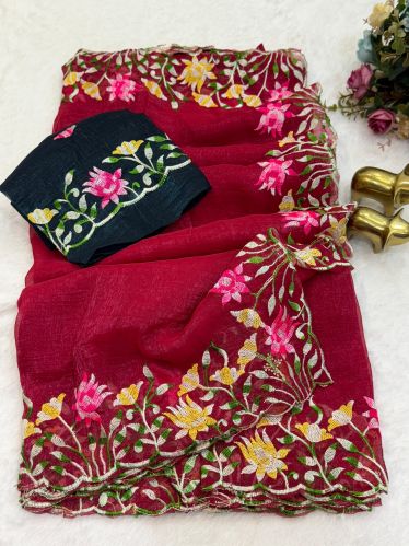 Unstitched Plain Crunchy Silk Ladies Designer Zari Work Saree