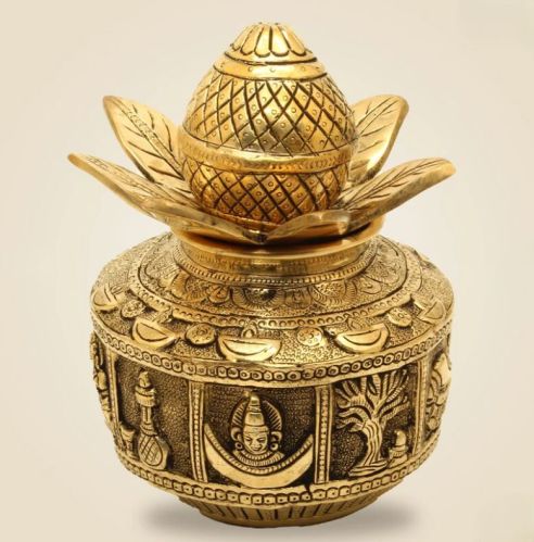 Brass Kalash with Coconut And Lotus, Color : Gold, Golden
