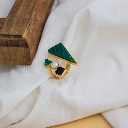 Polished Pearl Adjustable Brass Cocktail Ring Standard