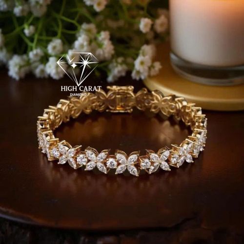 Round And Marquise Cut Lab Grown Diamond 18k Solid Gold Tennis Bracelet With Classic Look For Women