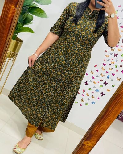 Ladies Elegance Printed Cotton A Line Kurti Set