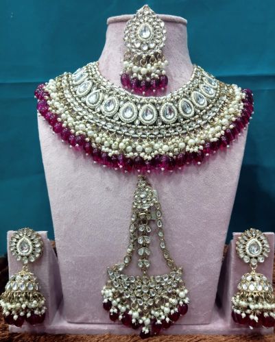 Alloy Gold-Plated Kundan Studded Antique Jewellery Set, Color : Rani