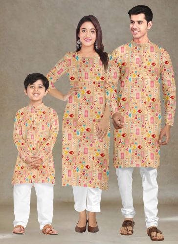Cotton Printed Beige Family Combo Kurta Kurti Set
