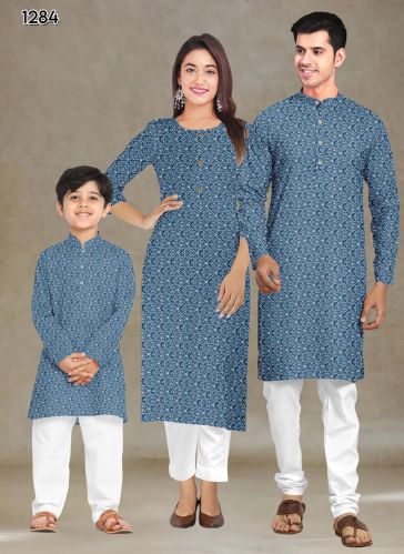 Cotton Printed Blue Family Combo Kurta Kurti Set