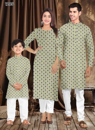 Cotton Printed Light Green Family Combo Kurta Kurti Set