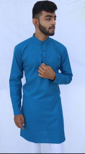 Pure Cotton Mens French Blue Plain Kurta