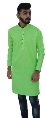 Pure Cotton Mens Parrot Green Plain Kurta