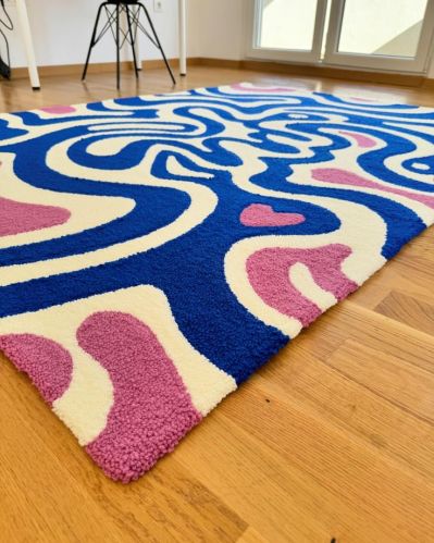 Handcrafted Wool Tufted Carpet – Wavy Pattern in White, Pink & Royal Blue