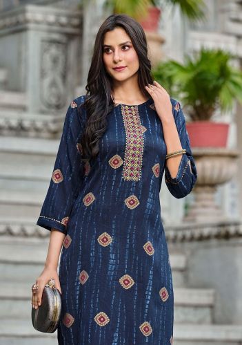 Ladies Printed Rayon Kurti, Color : Blue