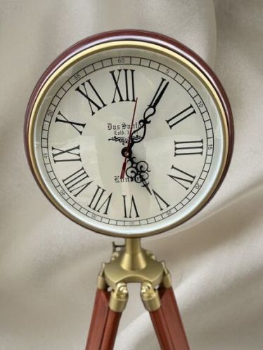Brass Finish Clock on Wooden Tripod Stand Large Round Analog Display Adjustable Brown Wood Base