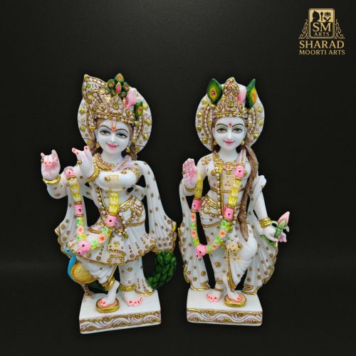 Marble Lord Radha Krishna Statue With Peacock