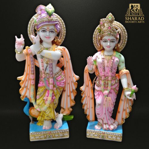 Polished Painted Marble Radha Krishna Statue