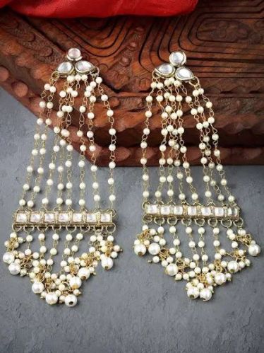 Gold Plated Pearl Chain Kundan Studded Drop Earring