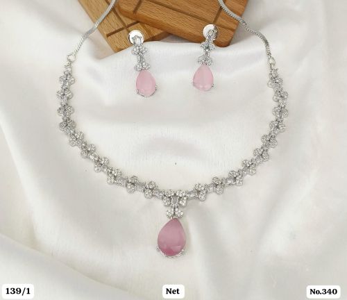 Silver Polished Designer American Diamond Necklace Set Party Wear