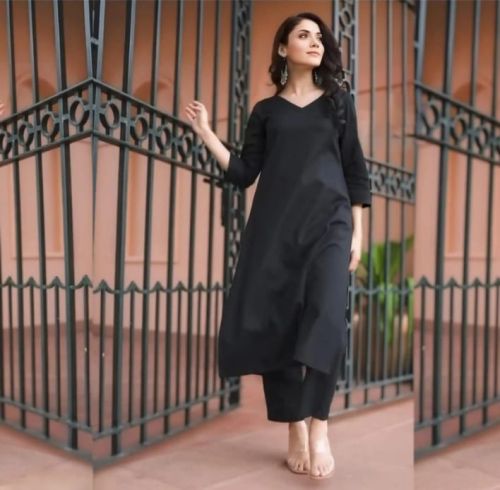 Regular Ladies Cotton Black Kurti Palazzo Set