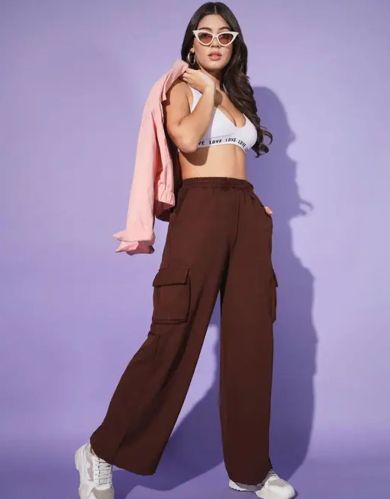 Cotton Blend Plain Ladies Dark Brown Cargo Pant Casual Wear