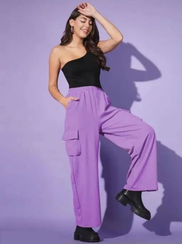 Breathable Fabric Plain Ladies Violet Cargo Pant Street-style