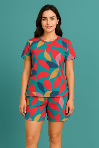 Printed Tie & Dye Cotton Women'S Red Nightsuit with Shorts