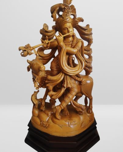 Polished Wooden Krishna Statue 6 Inches for Shop, Office, Home