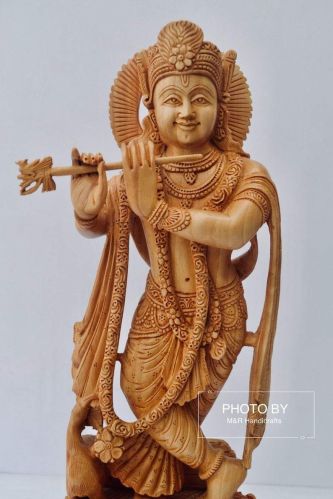 Polished Wooden Krishna Statue Murti 6 inches, 6 Inches