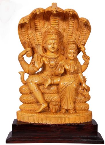 Carved Polished Wooden Shiv Parvati Statue