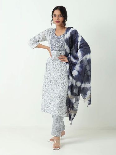 Party Wear Varnnan White Whisper Printed Cotton Floral Suit